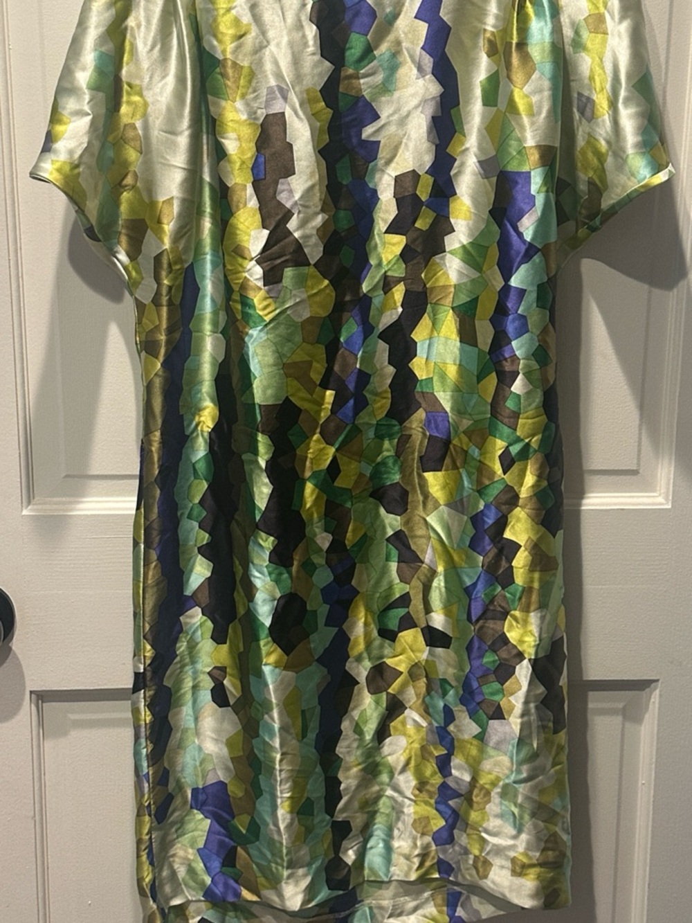 Vibrant Geometric Satin Shift Dress — Green, Blue & Yellow